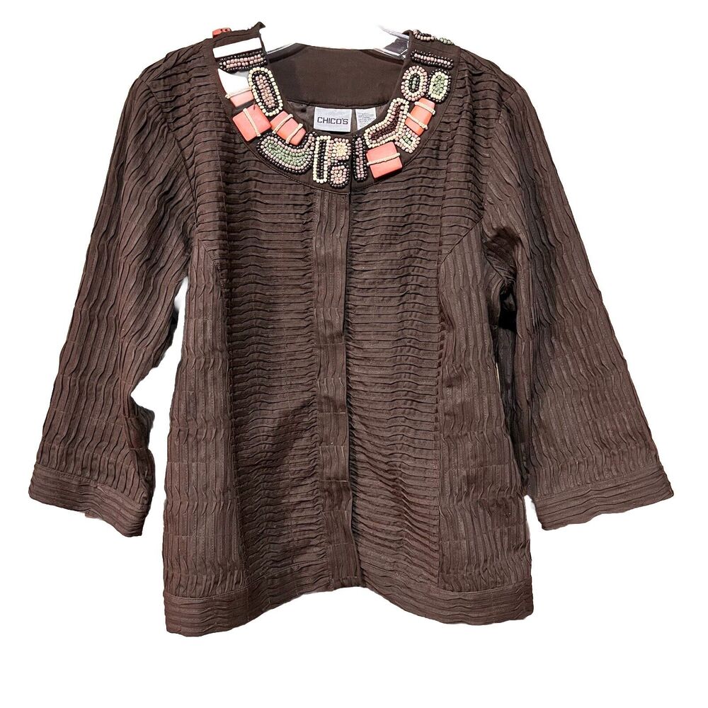 CHICO’S Women’s Brown Burundi Beat Bernita Jacket Tribal Beading Size 2 (L/12)